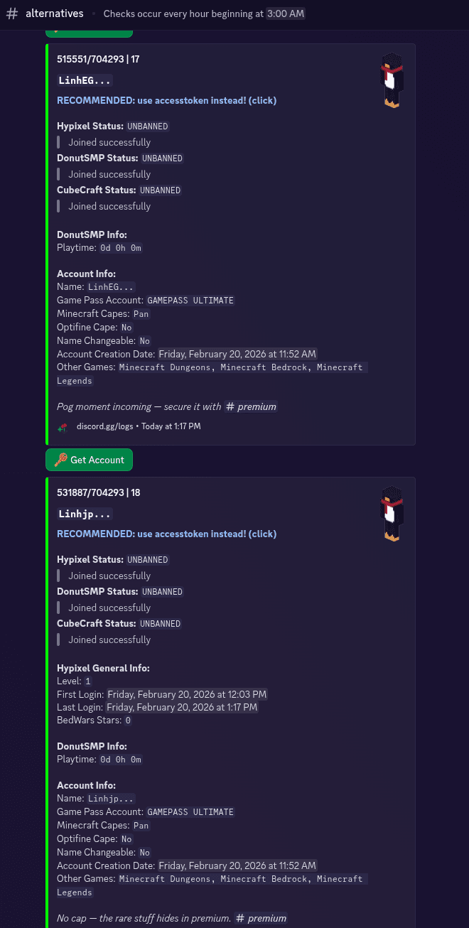 Account listing with Hypixel, DonutSMP and CubeCraft status checks