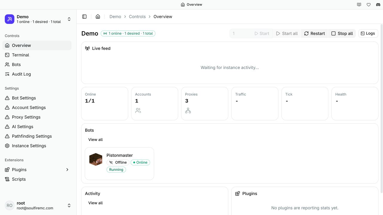 Demo overview with the online count and lifecycle controls above the bot list